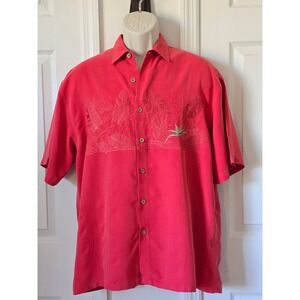 Bamboo Cay Men's Red Tropical Embroidered Short‎ Sleeve Button Up Shirt Size M